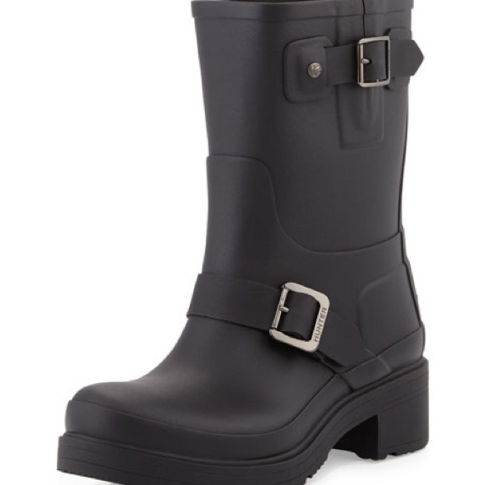 Hunter brand moto style black rainboots, women’s size 10